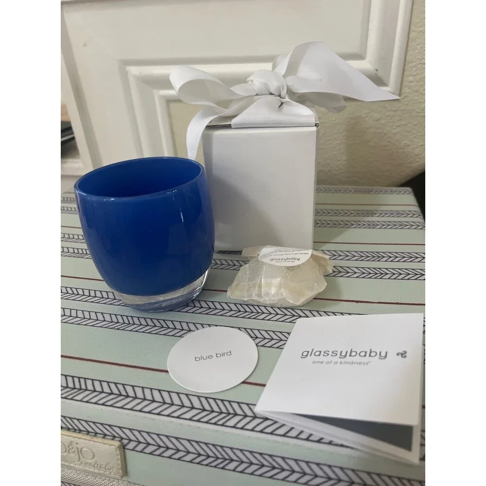 NWT Glassybaby BLUE BIRD 0340 Art Glass Votive Candle Holder & tea light w/ box